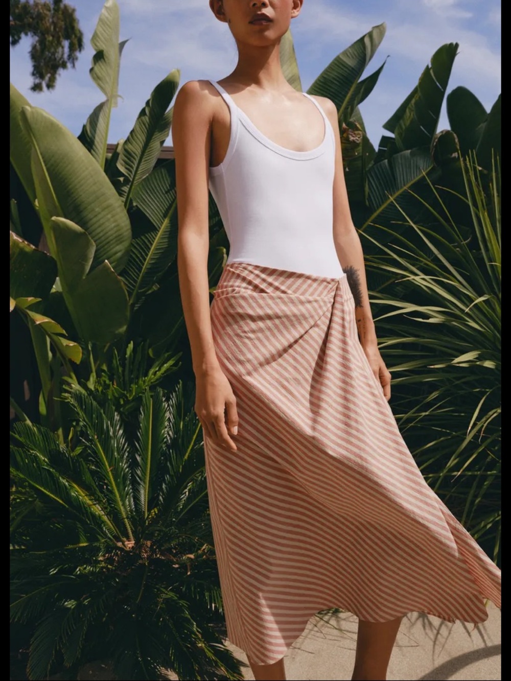 Zara Cream and Pink Striped Wrap Midi Skirt